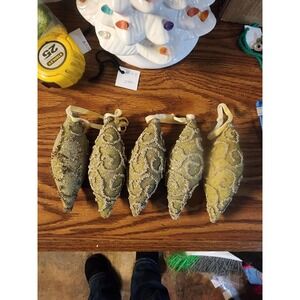 Vintage Set Of 5 Teardrop Mossy Green & Gold Beaded Christmas Ornaments